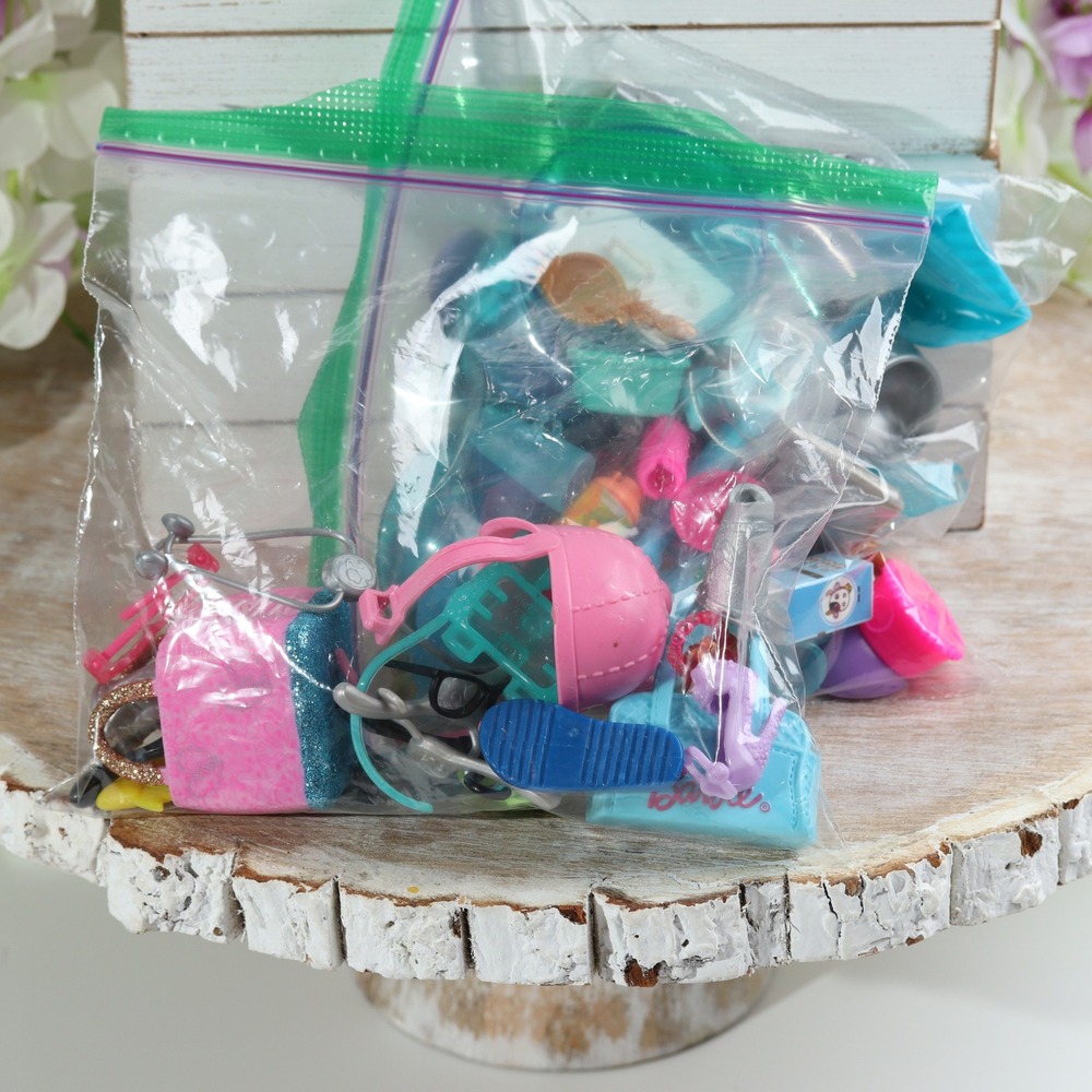 Barbie Doll Accessory Lot Assorted Shoes Handbags Pink Helmet Blue Tote Bag Mix